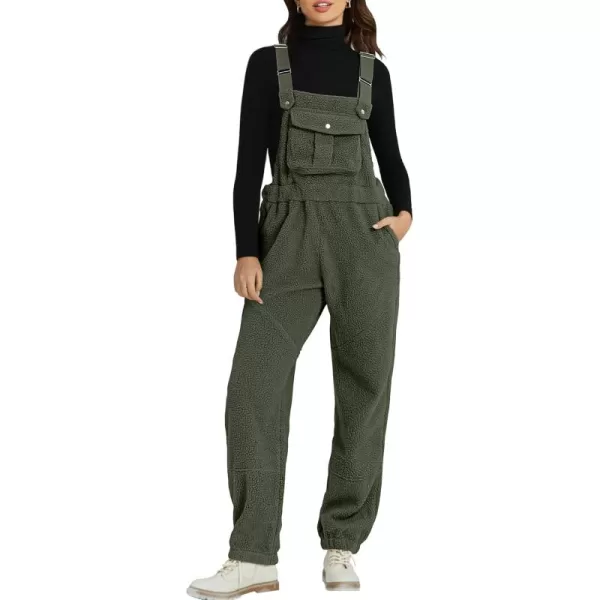 imageluvamia Sherpa Overalls for Women Loose Fit Winter Fuzzy Fleece Warm Bib Pocket Adjustable Jogger Baggy Overall JumpsuitArmy Green