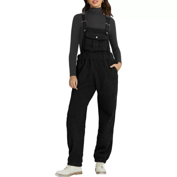 imageluvamia Sherpa Overalls for Women Loose Fit Winter Fuzzy Fleece Warm Bib Pocket Adjustable Jogger Baggy Overall JumpsuitBlack