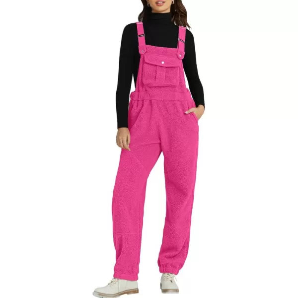 imageluvamia Sherpa Overalls for Women Loose Fit Winter Fuzzy Fleece Warm Bib Pocket Adjustable Jogger Baggy Overall JumpsuitHot Pink