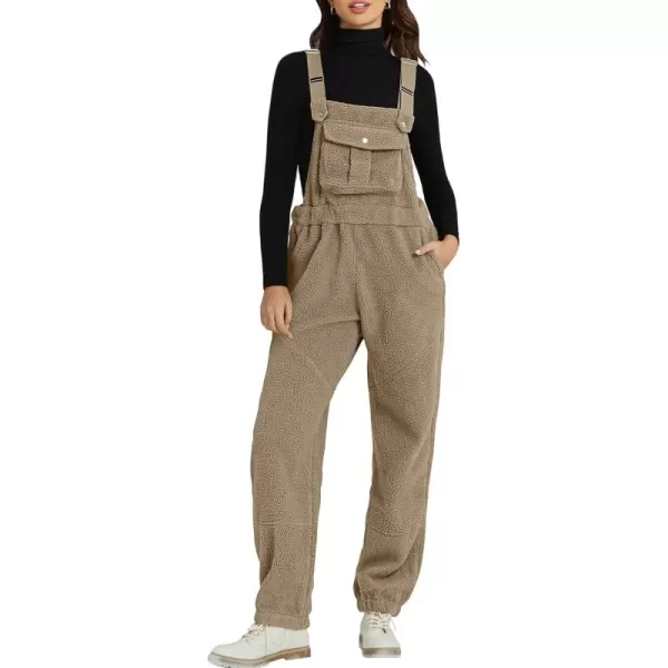 imageluvamia Sherpa Overalls for Women Loose Fit Winter Fuzzy Fleece Warm Bib Pocket Adjustable Jogger Baggy Overall JumpsuitKhaki