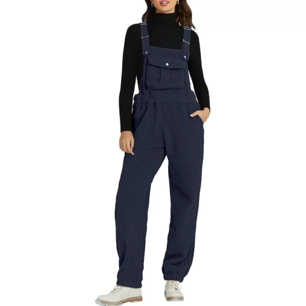 imageluvamia Sherpa Overalls for Women Loose Fit Winter Fuzzy Fleece Warm Bib Pocket Adjustable Jogger Baggy Overall JumpsuitNavy Blue