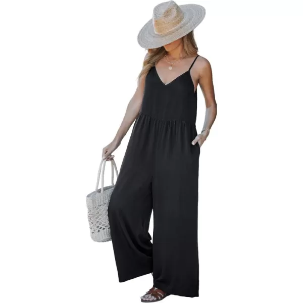 imageluvamia Wide Leg Jumpsuits for Women Sleeveless Baggy Casual Summer Flowy Loose Spaghetti Strap Jumpsuit with PocketsBlack