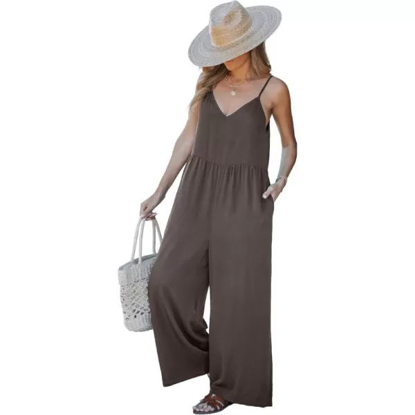 imageluvamia Wide Leg Jumpsuits for Women Sleeveless Baggy Casual Summer Flowy Loose Spaghetti Strap Jumpsuit with PocketsChocolate Brown