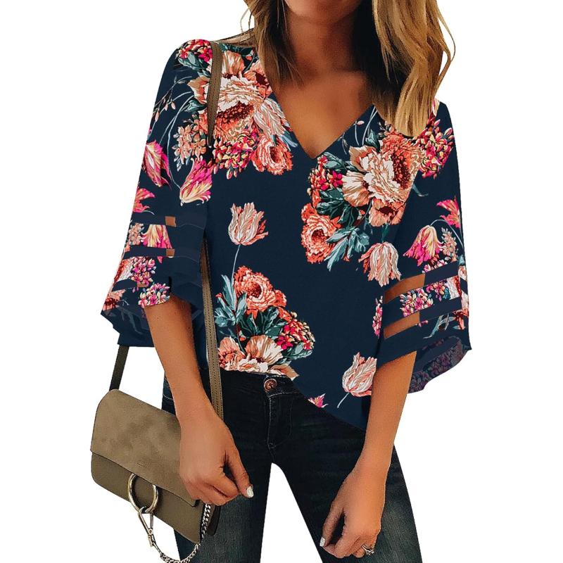 imageluvamia Womens Casual V Neck Blouse 34 Bell Sleeve Mesh Panel Shirts Loose TopC Floral Print Midnight Blue