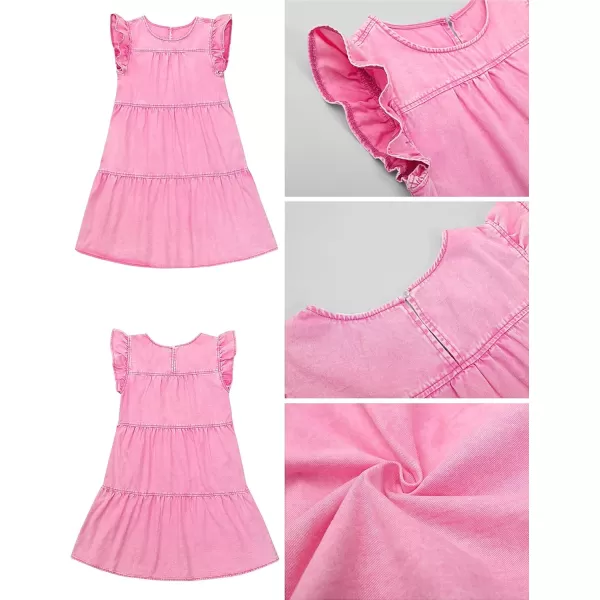 imageluvamia 2024 Denim Dress for Women Summer Babydoll Sleeveless Ruffle Sleeve Mini Dresses Loose Flowy Swing Pleated DressAurora Pink