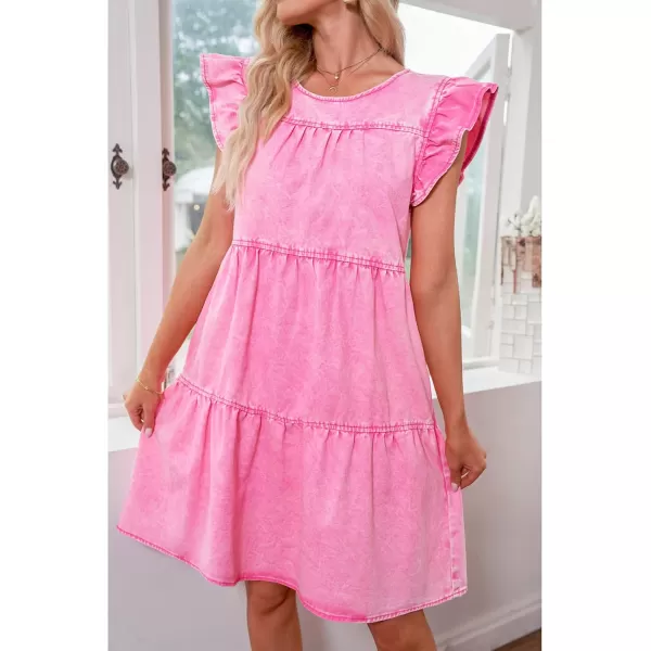 imageluvamia 2024 Denim Dress for Women Summer Babydoll Sleeveless Ruffle Sleeve Mini Dresses Loose Flowy Swing Pleated DressAurora Pink
