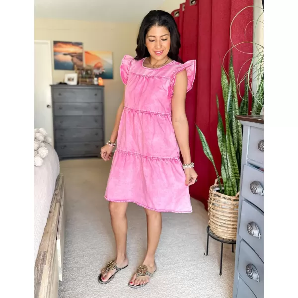 imageluvamia 2024 Denim Dress for Women Summer Babydoll Sleeveless Ruffle Sleeve Mini Dresses Loose Flowy Swing Pleated DressAurora Pink