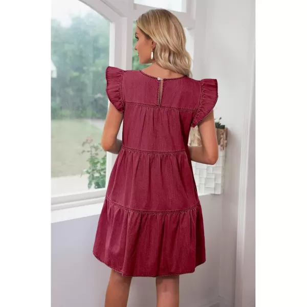 imageluvamia 2024 Denim Dress for Women Summer Babydoll Sleeveless Ruffle Sleeve Mini Dresses Loose Flowy Swing Pleated DressBaroque Rose