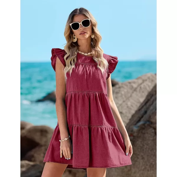 imageluvamia 2024 Denim Dress for Women Summer Babydoll Sleeveless Ruffle Sleeve Mini Dresses Loose Flowy Swing Pleated DressBaroque Rose