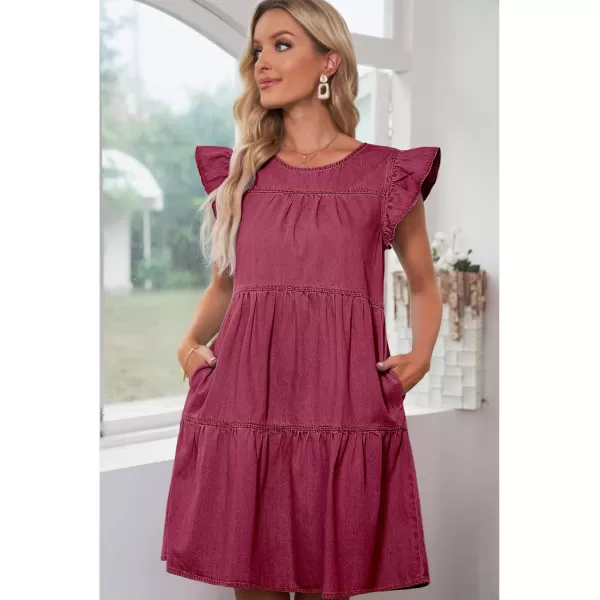 imageluvamia 2024 Denim Dress for Women Summer Babydoll Sleeveless Ruffle Sleeve Mini Dresses Loose Flowy Swing Pleated DressBaroque Rose