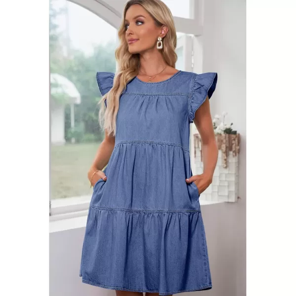 imageluvamia 2024 Denim Dress for Women Summer Babydoll Sleeveless Ruffle Sleeve Mini Dresses Loose Flowy Swing Pleated DressBay Blue