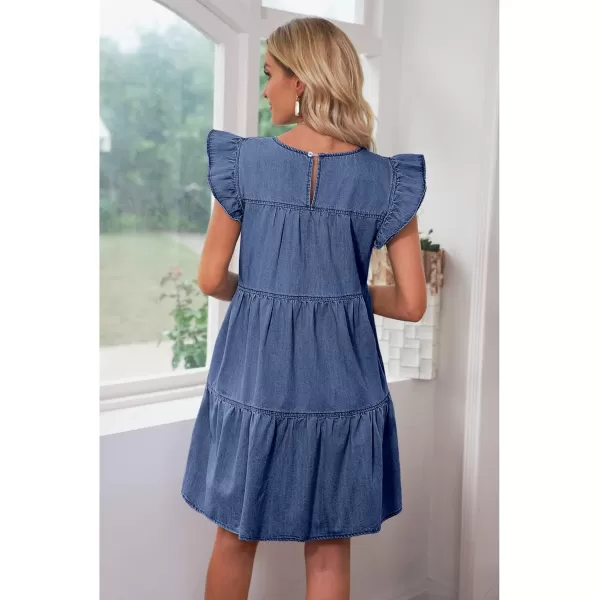 imageluvamia 2024 Denim Dress for Women Summer Babydoll Sleeveless Ruffle Sleeve Mini Dresses Loose Flowy Swing Pleated DressBay Blue