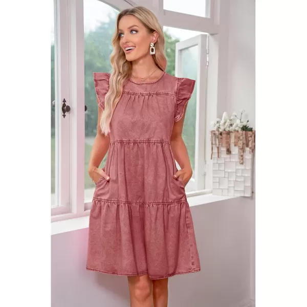 imageluvamia 2024 Denim Dress for Women Summer Babydoll Sleeveless Ruffle Sleeve Mini Dresses Loose Flowy Swing Pleated DressDesert Rose