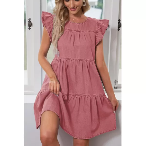 imageluvamia 2024 Denim Dress for Women Summer Babydoll Sleeveless Ruffle Sleeve Mini Dresses Loose Flowy Swing Pleated DressDesert Rose
