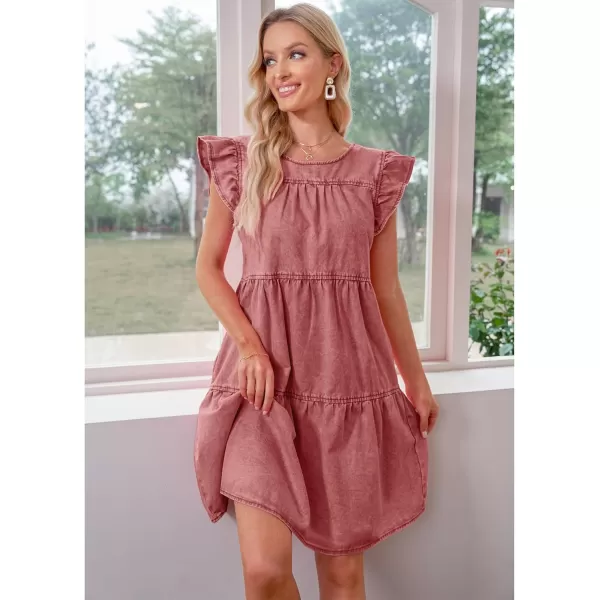 imageluvamia 2024 Denim Dress for Women Summer Babydoll Sleeveless Ruffle Sleeve Mini Dresses Loose Flowy Swing Pleated DressDesert Rose