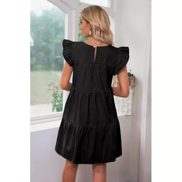 imageluvamia 2024 Denim Dress for Women Summer Babydoll Sleeveless Ruffle Sleeve Mini Dresses Loose Flowy Swing Pleated DressFoxy Gray
