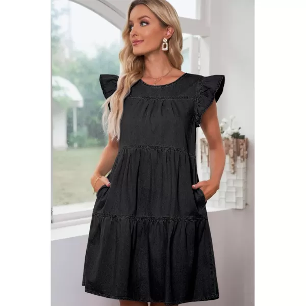 imageluvamia 2024 Denim Dress for Women Summer Babydoll Sleeveless Ruffle Sleeve Mini Dresses Loose Flowy Swing Pleated DressFoxy Gray