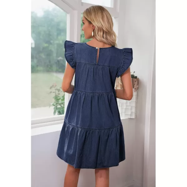 imageluvamia 2024 Denim Dress for Women Summer Babydoll Sleeveless Ruffle Sleeve Mini Dresses Loose Flowy Swing Pleated DressReef Blue