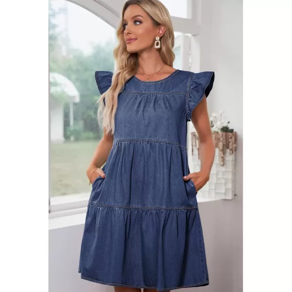 imageluvamia 2024 Denim Dress for Women Summer Babydoll Sleeveless Ruffle Sleeve Mini Dresses Loose Flowy Swing Pleated DressReef Blue