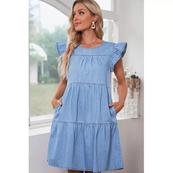 imageluvamia 2024 Denim Dress for Women Summer Babydoll Sleeveless Ruffle Sleeve Mini Dresses Loose Flowy Swing Pleated DressRoadknight Blue