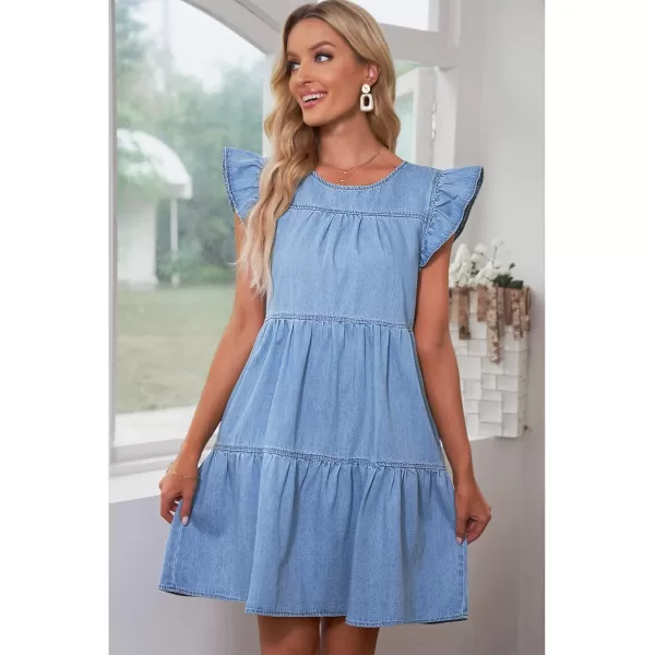 imageluvamia 2024 Denim Dress for Women Summer Babydoll Sleeveless Ruffle Sleeve Mini Dresses Loose Flowy Swing Pleated DressRoadknight Blue