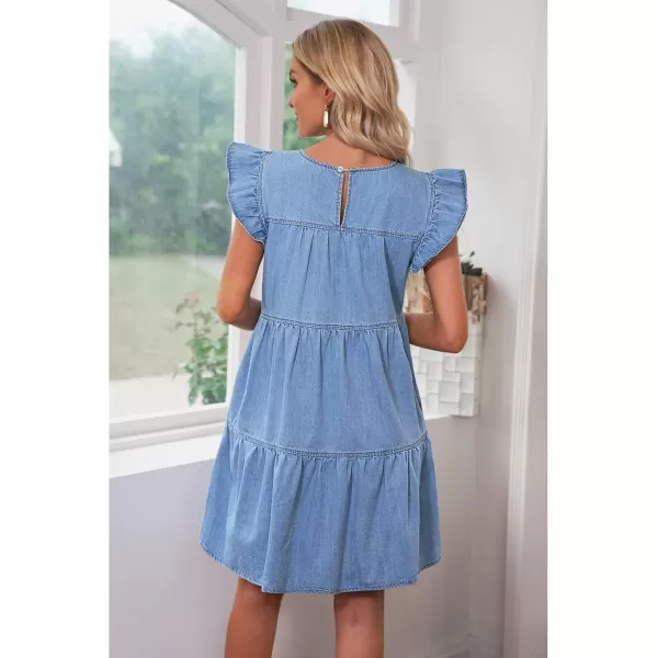 imageluvamia 2024 Denim Dress for Women Summer Babydoll Sleeveless Ruffle Sleeve Mini Dresses Loose Flowy Swing Pleated DressRoadknight Blue