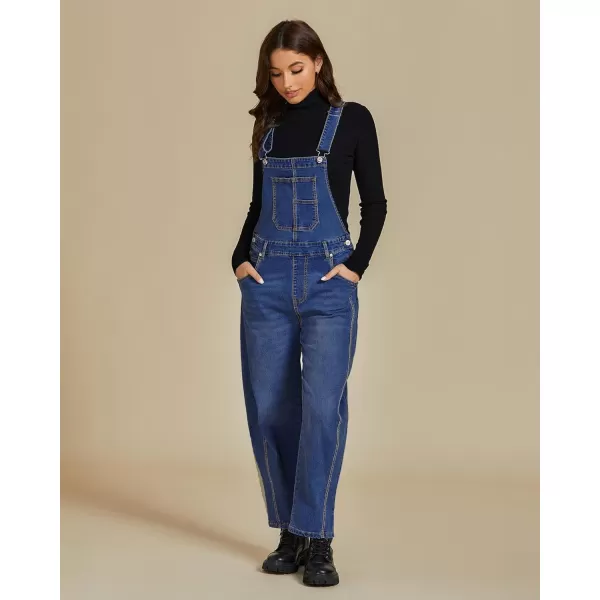 imageluvamia Barrel Leg Overalls for Women Baggy Bib Stretchy Denim Jumpsuit Loose Fit Jean Overall Jumpsuits with PocketsClassic Blue