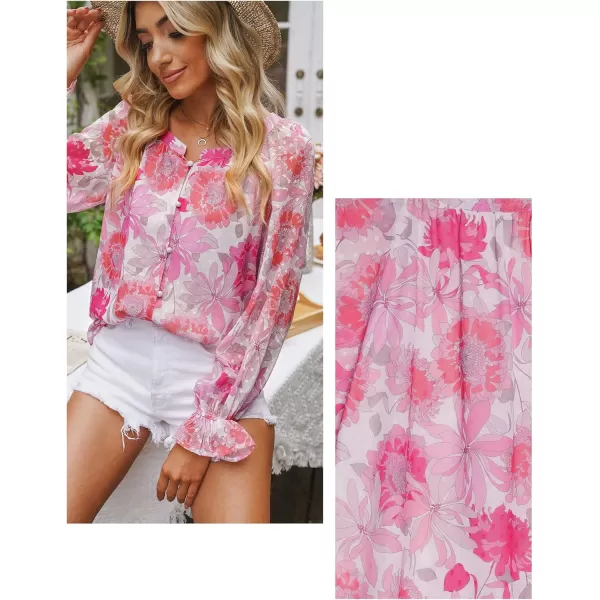 imageluvamia Blouses for Women Dressy Casual Button Down Blouse Floral Peasant Tops Lantern Ruffle Long Sleeve ShirtsHot Pink Floral