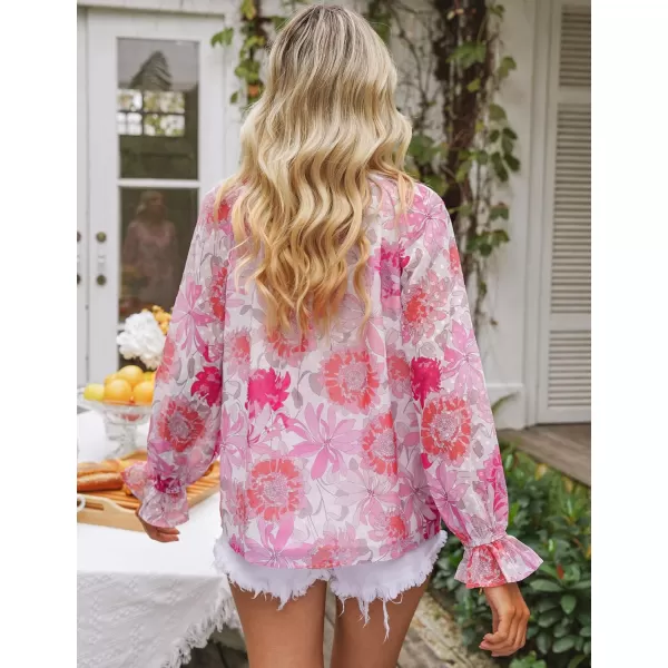 imageluvamia Blouses for Women Dressy Casual Button Down Blouse Floral Peasant Tops Lantern Ruffle Long Sleeve ShirtsHot Pink Floral