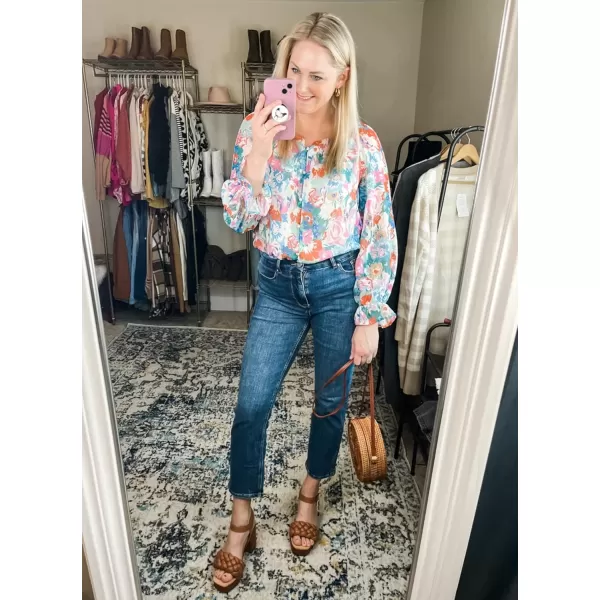 imageluvamia Blouses for Women Dressy Casual Button Down Blouse Floral Peasant Tops Lantern Ruffle Long Sleeve ShirtsMix Color Floral