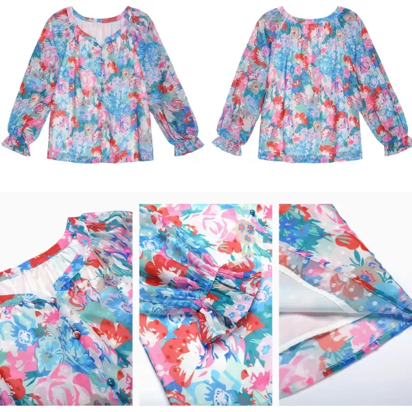 imageluvamia Blouses for Women Dressy Casual Button Down Blouse Floral Peasant Tops Lantern Ruffle Long Sleeve ShirtsMix Color Floral