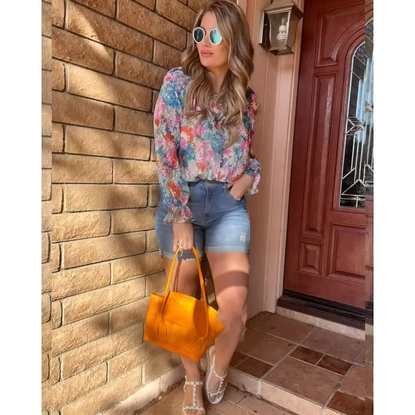 imageluvamia Blouses for Women Dressy Casual Button Down Blouse Floral Peasant Tops Lantern Ruffle Long Sleeve ShirtsMix Color Floral