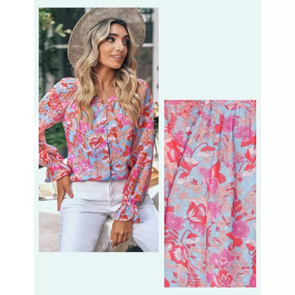 imageluvamia Blouses for Women Dressy Casual Button Down Blouse Floral Peasant Tops Lantern Ruffle Long Sleeve ShirtsSky Blue and Hot Pink Floral