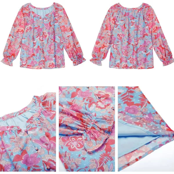 imageluvamia Blouses for Women Dressy Casual Button Down Blouse Floral Peasant Tops Lantern Ruffle Long Sleeve ShirtsSky Blue and Hot Pink Floral