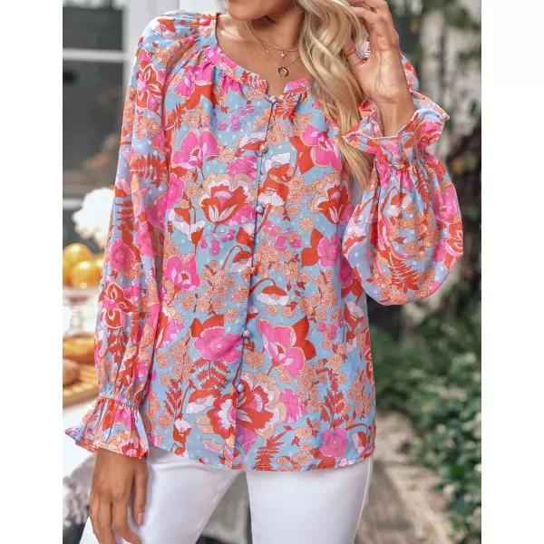 imageluvamia Blouses for Women Dressy Casual Button Down Blouse Floral Peasant Tops Lantern Ruffle Long Sleeve ShirtsSky Blue and Hot Pink Floral