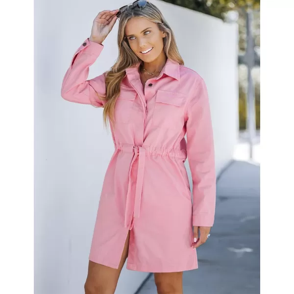 imageluvamia Denim Dress for Women Long Sleeve Jean Button Down Shirt Dresses with Pockets Casual Fashion Shift Short DressCandy Pink