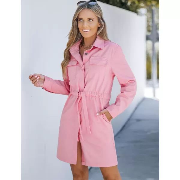 imageluvamia Denim Dress for Women Long Sleeve Jean Button Down Shirt Dresses with Pockets Casual Fashion Shift Short DressCandy Pink