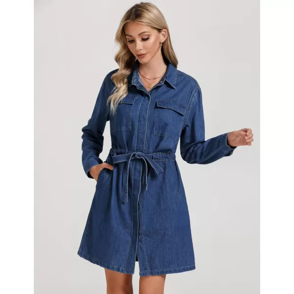 imageluvamia Denim Dress for Women Long Sleeve Jean Button Down Shirt Dresses with Pockets Casual Fashion Shift Short DressClassic Blue