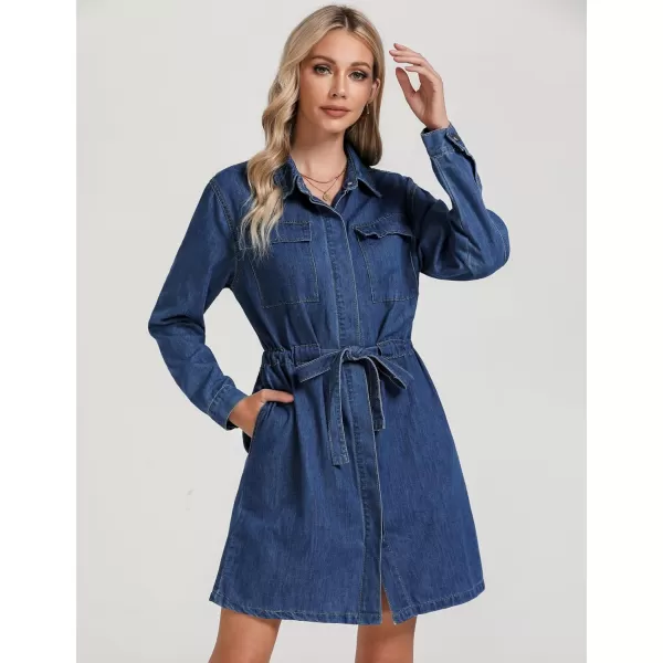 imageluvamia Denim Dress for Women Long Sleeve Jean Button Down Shirt Dresses with Pockets Casual Fashion Shift Short DressClassic Blue