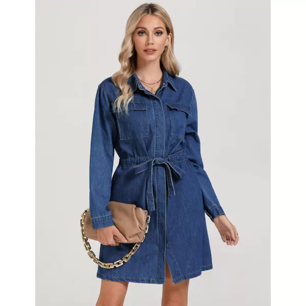 imageluvamia Denim Dress for Women Long Sleeve Jean Button Down Shirt Dresses with Pockets Casual Fashion Shift Short DressClassic Blue