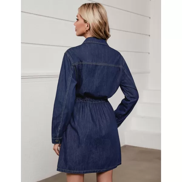 imageluvamia Denim Dress for Women Long Sleeve Jean Button Down Shirt Dresses with Pockets Casual Fashion Shift Short DressDark Blue