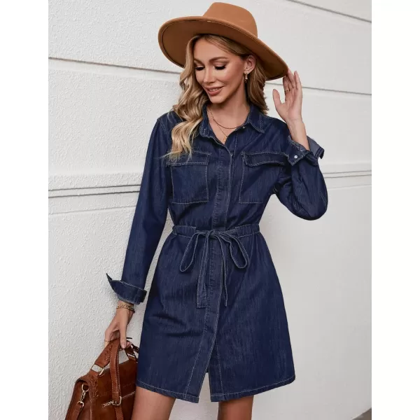 imageluvamia Denim Dress for Women Long Sleeve Jean Button Down Shirt Dresses with Pockets Casual Fashion Shift Short DressDark Blue