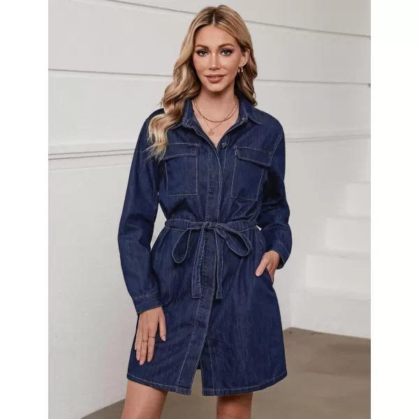 imageluvamia Denim Dress for Women Long Sleeve Jean Button Down Shirt Dresses with Pockets Casual Fashion Shift Short DressDark Blue