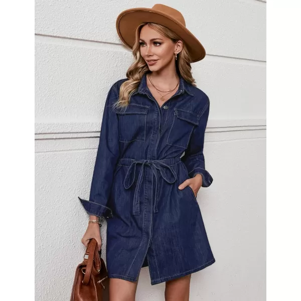 imageluvamia Denim Dress for Women Long Sleeve Jean Button Down Shirt Dresses with Pockets Casual Fashion Shift Short DressDark Blue