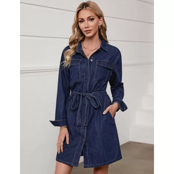 imageluvamia Denim Dress for Women Long Sleeve Jean Button Down Shirt Dresses with Pockets Casual Fashion Shift Short DressDark Blue