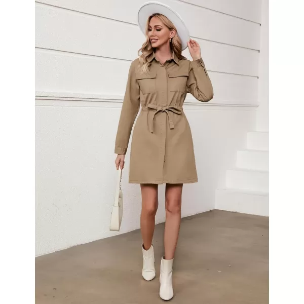 imageluvamia Denim Dress for Women Long Sleeve Jean Button Down Shirt Dresses with Pockets Casual Fashion Shift Short DressTaos Taupe