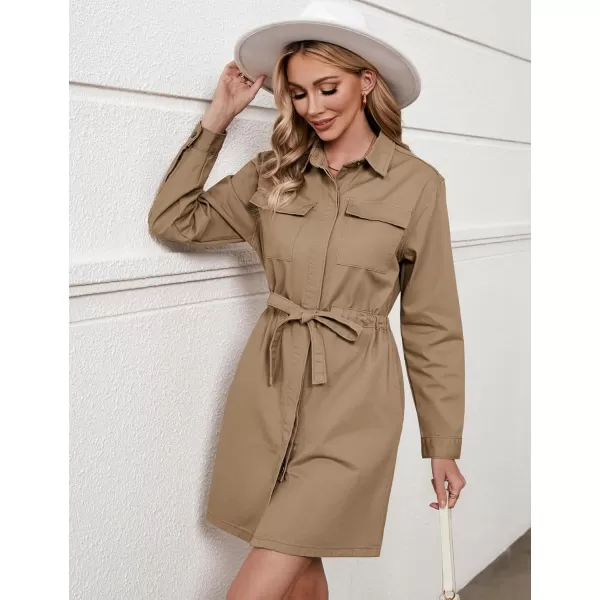 imageluvamia Denim Dress for Women Long Sleeve Jean Button Down Shirt Dresses with Pockets Casual Fashion Shift Short DressTaos Taupe