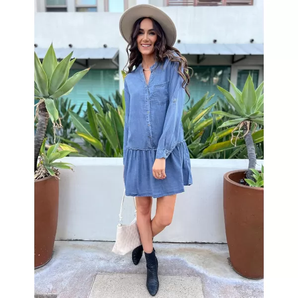 imageluvamia Denim Dress for Women Long Sleeve Shift Button Down Ruffle Jean Dresses Chambray Western Short Dresses PocketsBlue Breeze