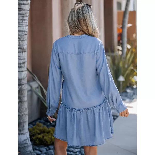 imageluvamia Denim Dress for Women Long Sleeve Shift Button Down Ruffle Jean Dresses Chambray Western Short Dresses PocketsBlue Breeze