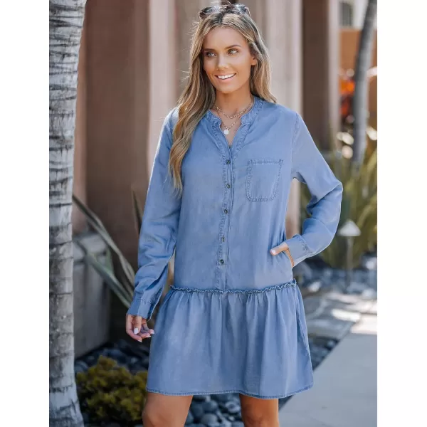 imageluvamia Denim Dress for Women Long Sleeve Shift Button Down Ruffle Jean Dresses Chambray Western Short Dresses PocketsBlue Breeze